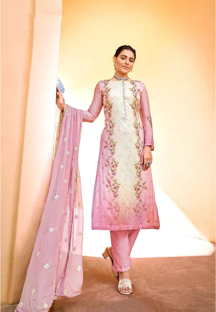 Pink Chiffon Suit | Digital Print, Embroidery, and Swarovski Work with Dupatta