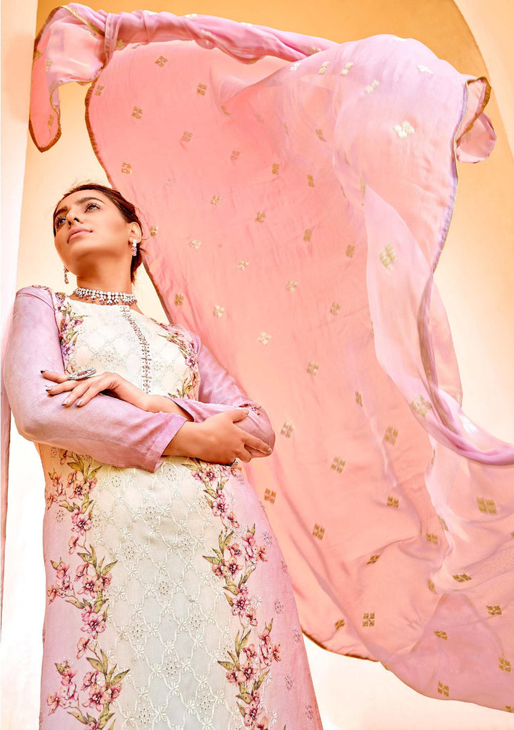 Pink Chiffon Suit | Digital Print, Embroidery, and Swarovski Work with Dupatta