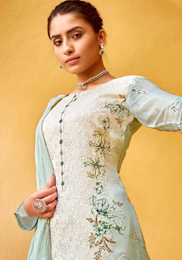 Designer Pista Green Suit | Chiffon Kameez with Embroidered Dupatta for Festive Wear