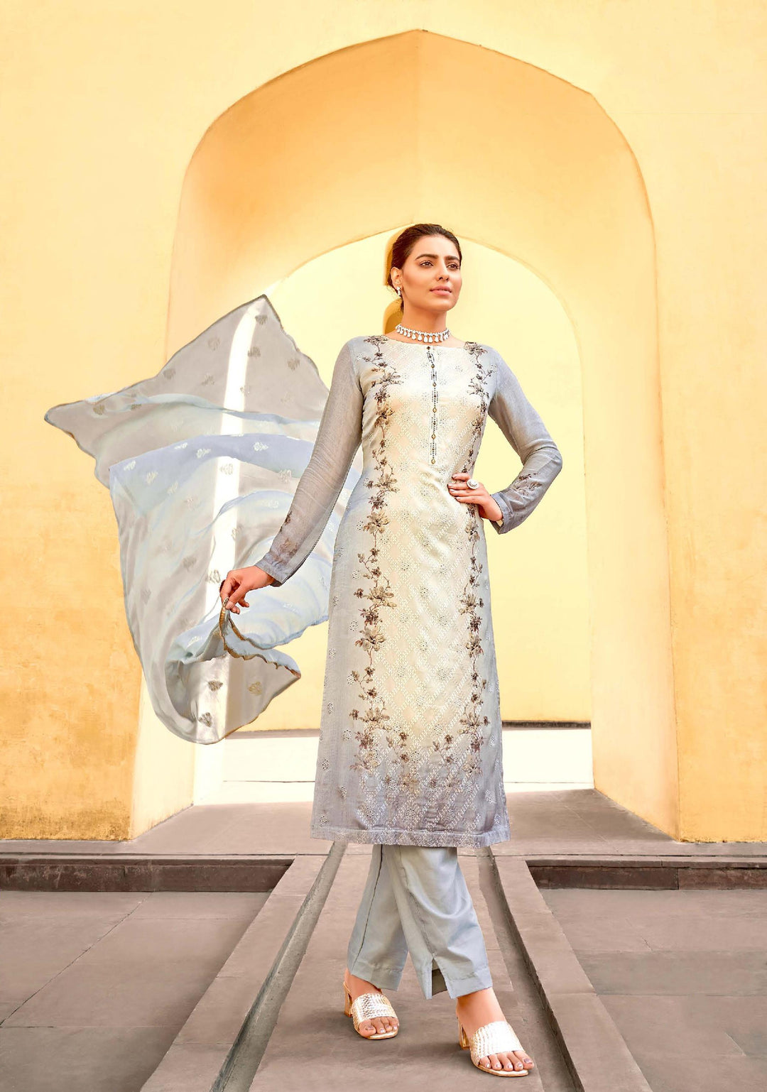 Gray Chiffon Suit | Swarovski Embroidered Kameez with Dupatta for Festive Wear