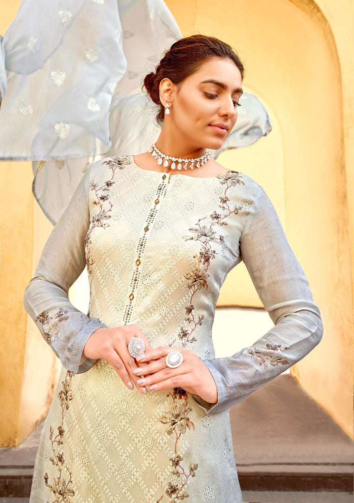 Gray Chiffon Suit | Swarovski Embroidered Kameez with Dupatta for Festive Wear