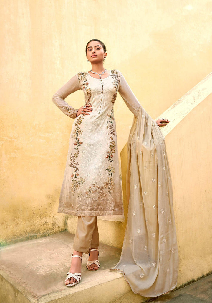 Beige Chiffon Suit | Swarovski and Embroidered Kameez with Dupatta for Weddings