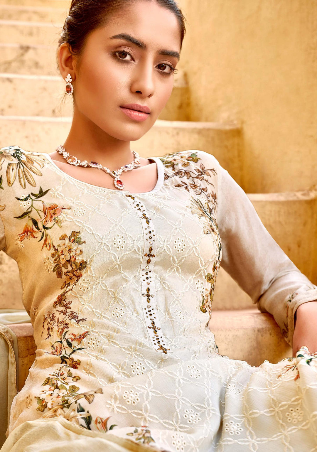 Beige Chiffon Suit | Swarovski and Embroidered Kameez with Dupatta for Weddings