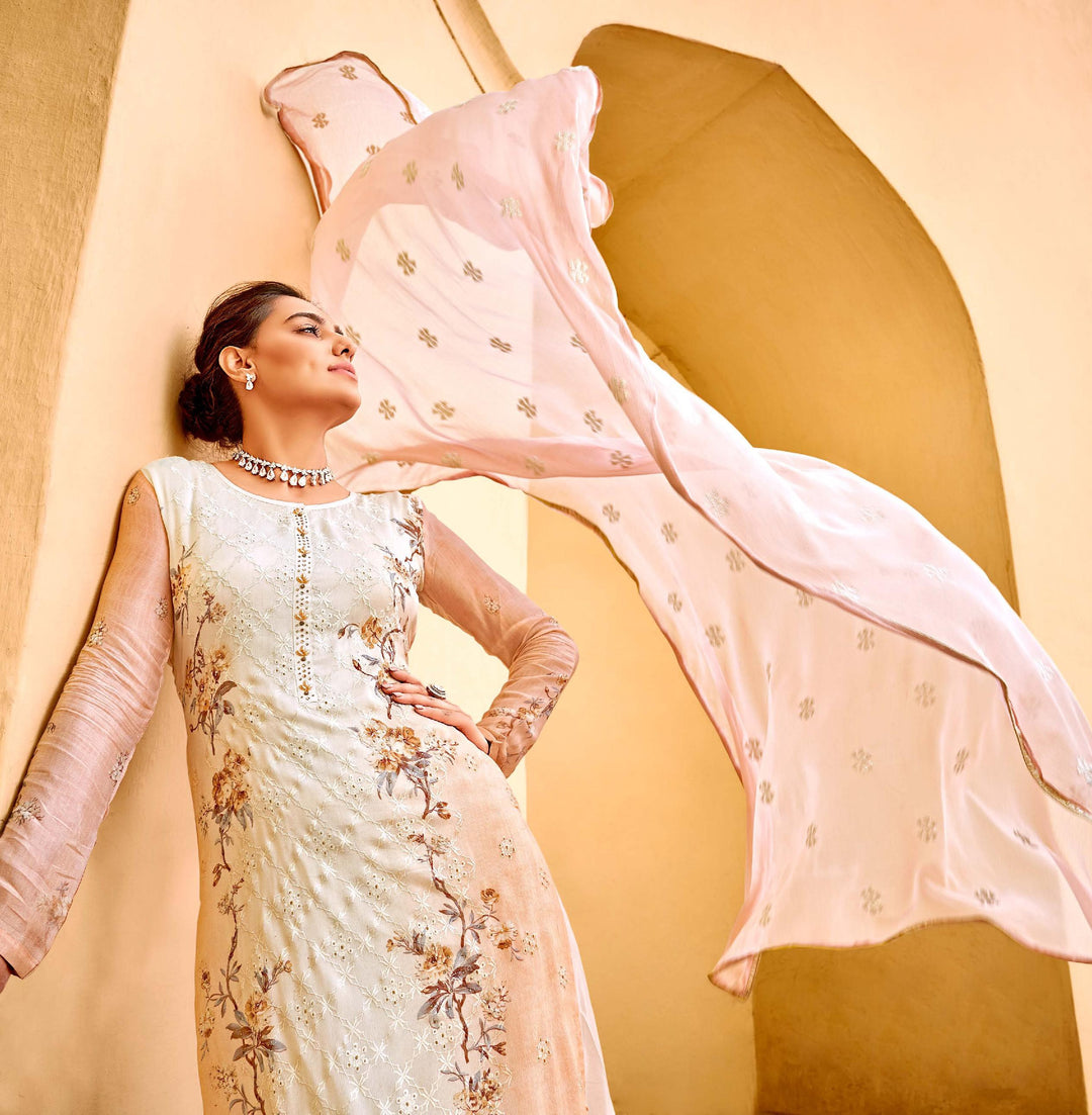 Elegant Peach Suit | Embroidered Viscose Chinon Kameez with Dupatta for Festive Wear