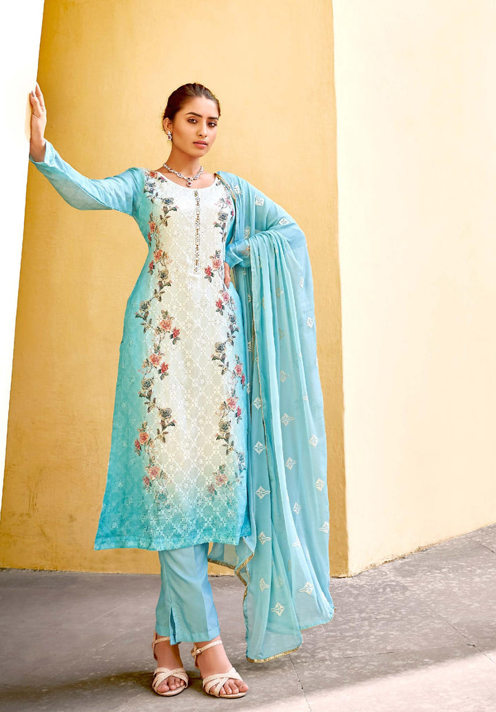 Elegant Blue Suit | Digital Print and Stone Work Salwar Kameez with Dupatta