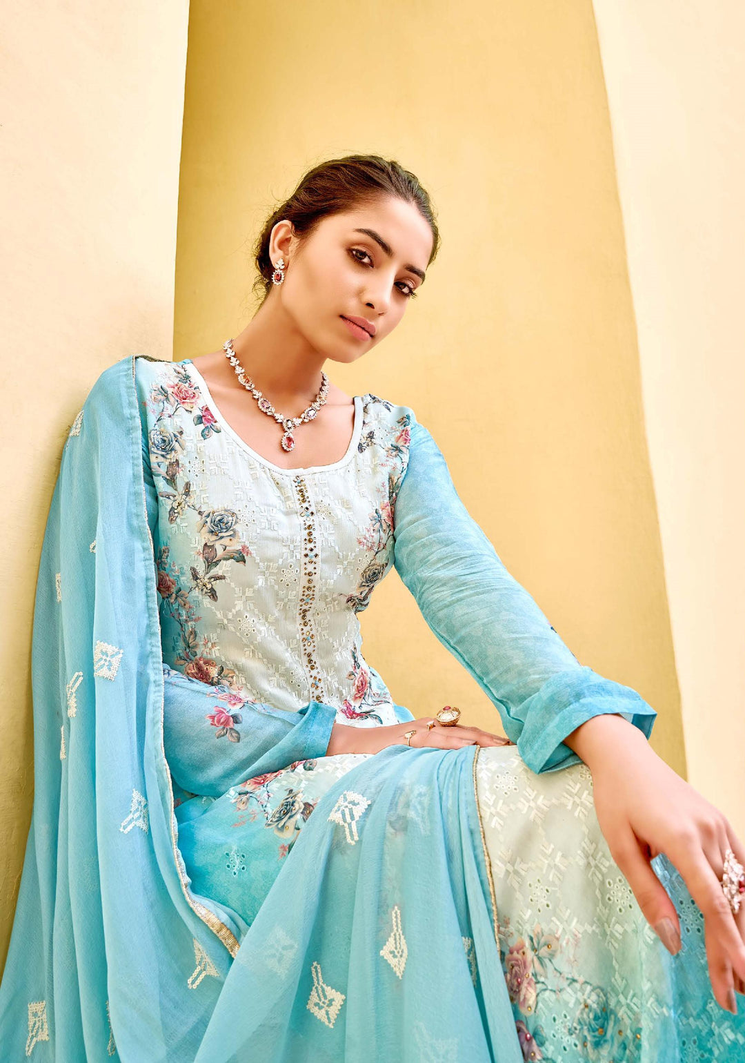 Elegant Blue Suit | Digital Print and Stone Work Salwar Kameez with Dupatta