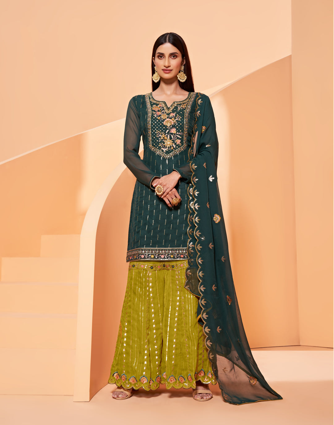 Designer Green Sharara | Georgette Embroidered Suit with Dupatta for Festive Wear