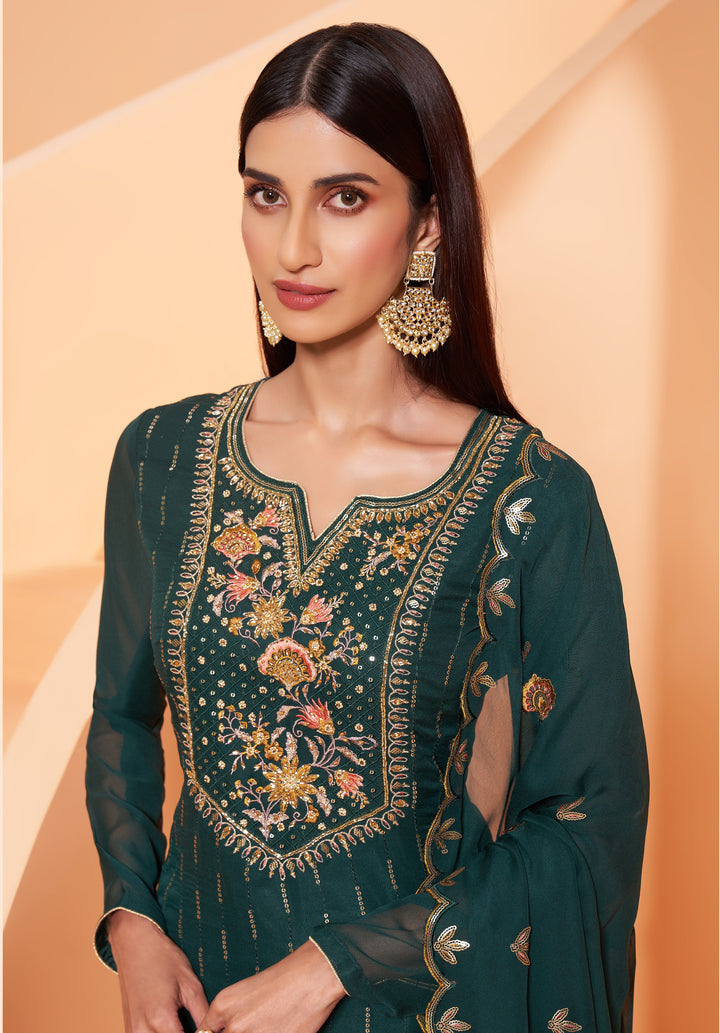 Designer Green Sharara | Georgette Embroidered Suit with Dupatta for Festive Wear