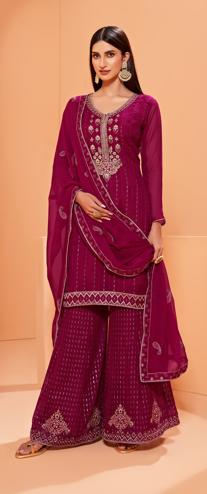 Designer Magenta Sharara | Georgette Embroidered Suit with Dupatta for Festive Wear