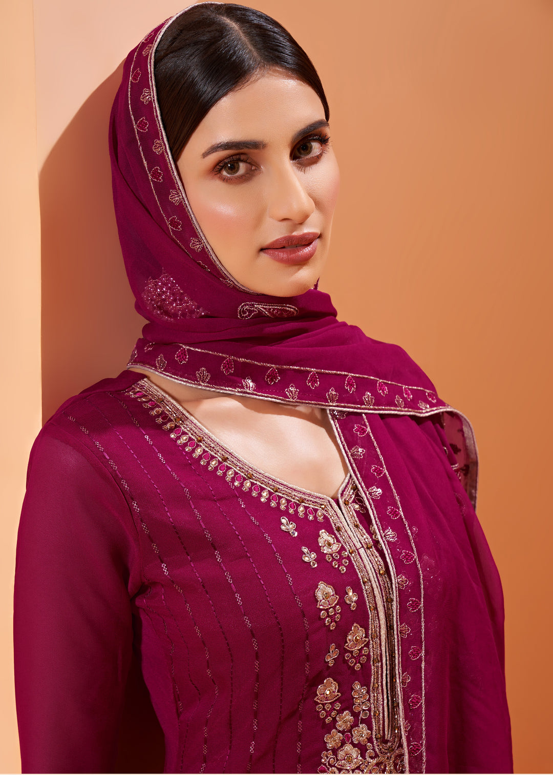 Designer Magenta Sharara | Georgette Embroidered Suit with Dupatta for Festive Wear