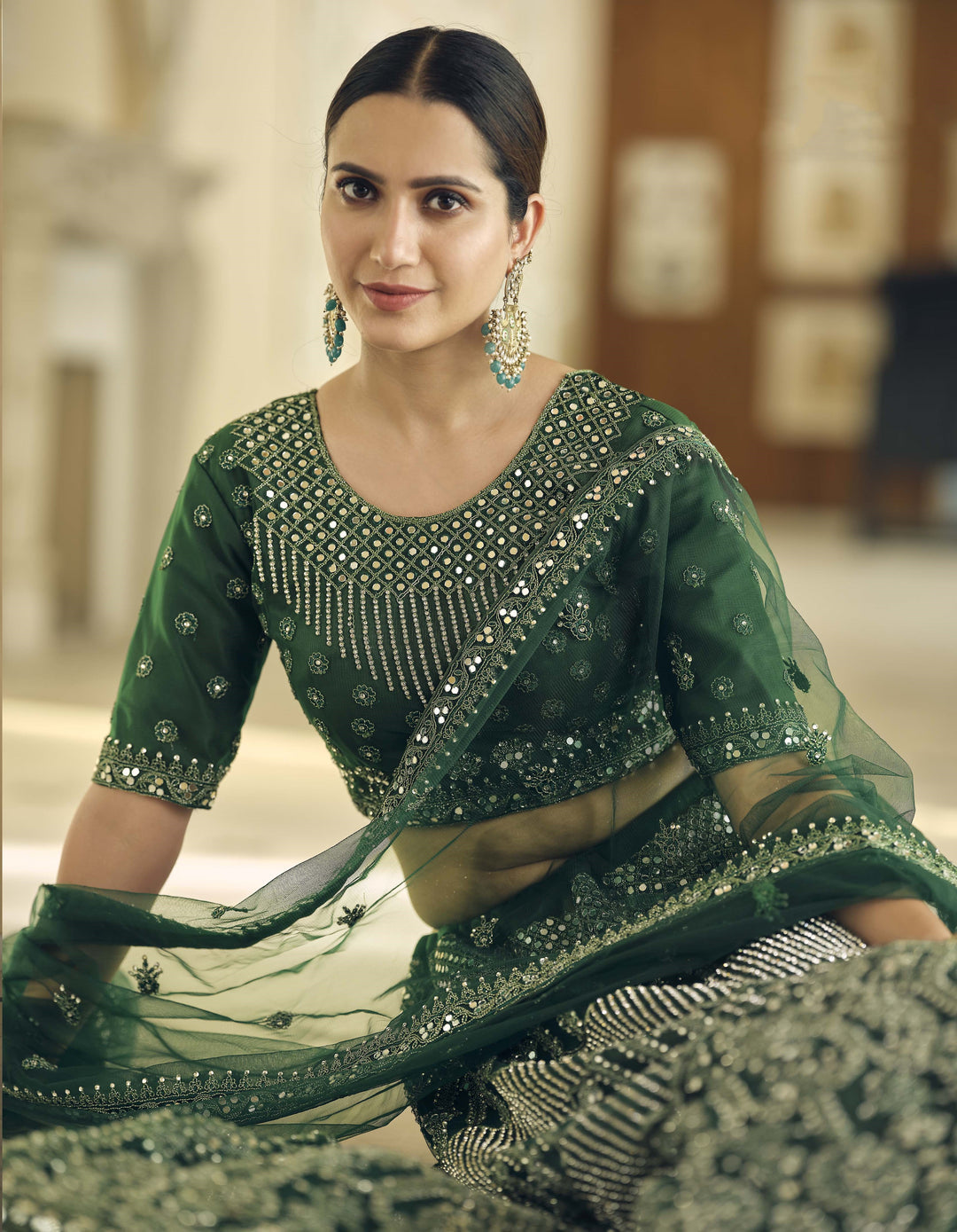 Radiant Green Soft Net Lehenga with Green Dupatta | Perfect for Weddings and Celebrations