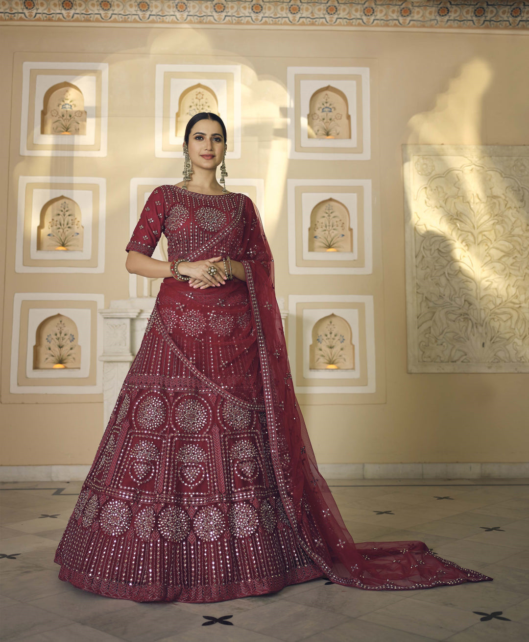 Gorgeous Maroon Soft Net Lehenga with Maroon Dupatta | An Exclusive Designer Masterpiece