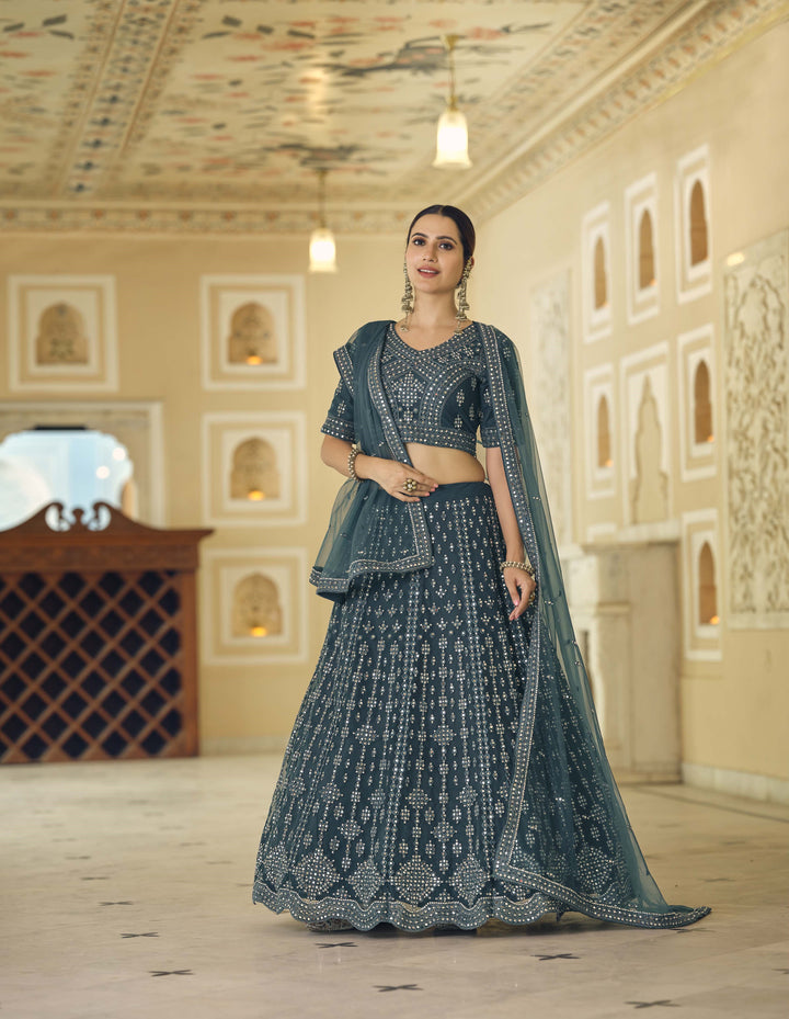 Charming Teal Blue Soft Net Lehenga with Teal Blue Dupatta | Crafted for Timeless Elegance