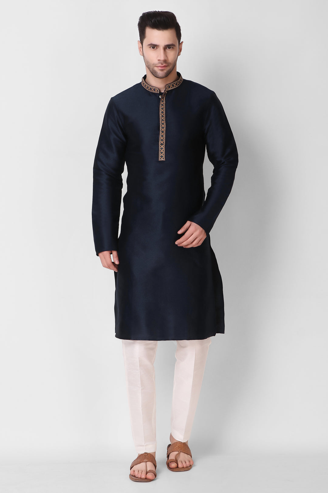 Art Silk Kurta Set for Men | Designer Neck Embroidery Work  Ethnic Wear