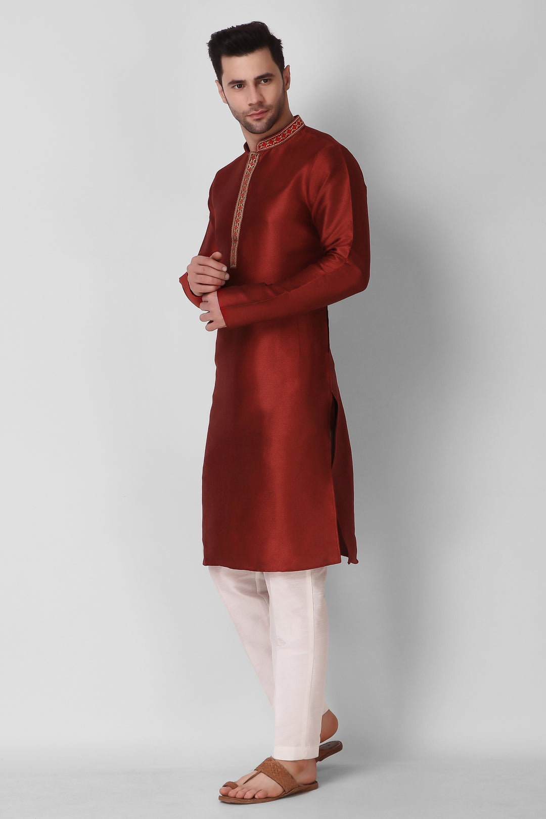 Art Silk Kurta Set for Men | Designer Neck Embroidery Work  Ethnic Wear