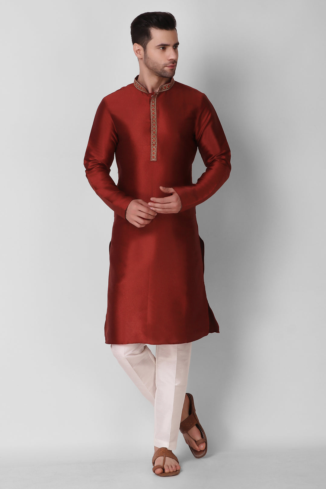 Art Silk Kurta Set for Men | Designer Neck Embroidery Work  Ethnic Wear