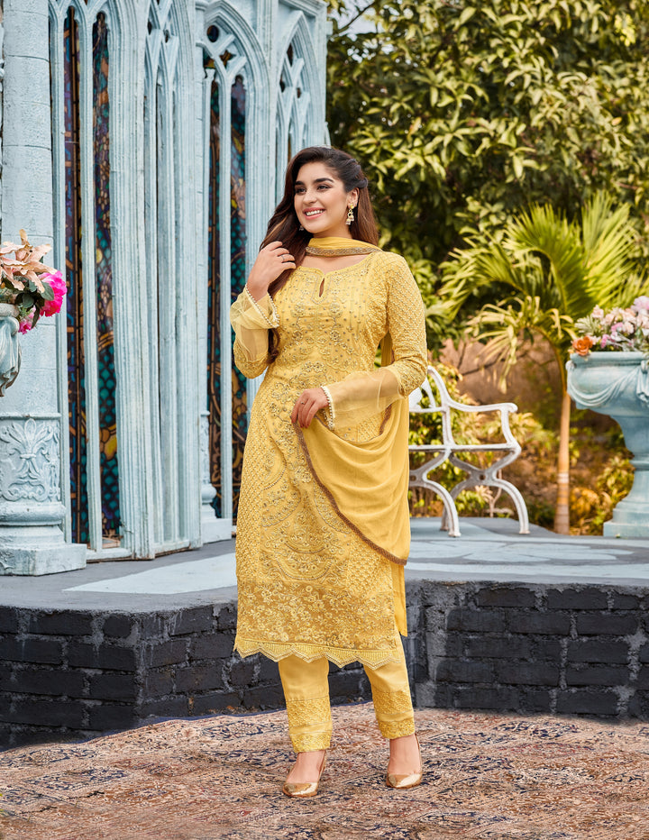 Yellow Georgette Suit | Heavy Thread Embroidery with Naznin Dupatta