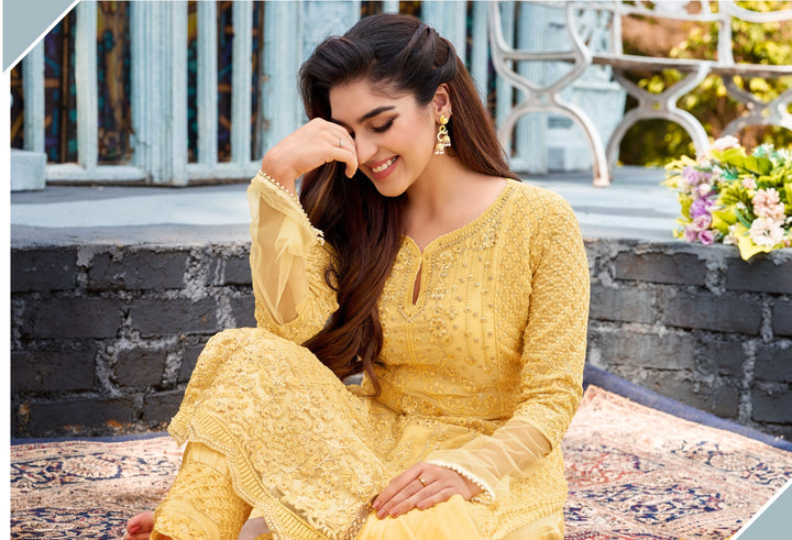 Yellow Georgette Suit | Heavy Thread Embroidery with Naznin Dupatta