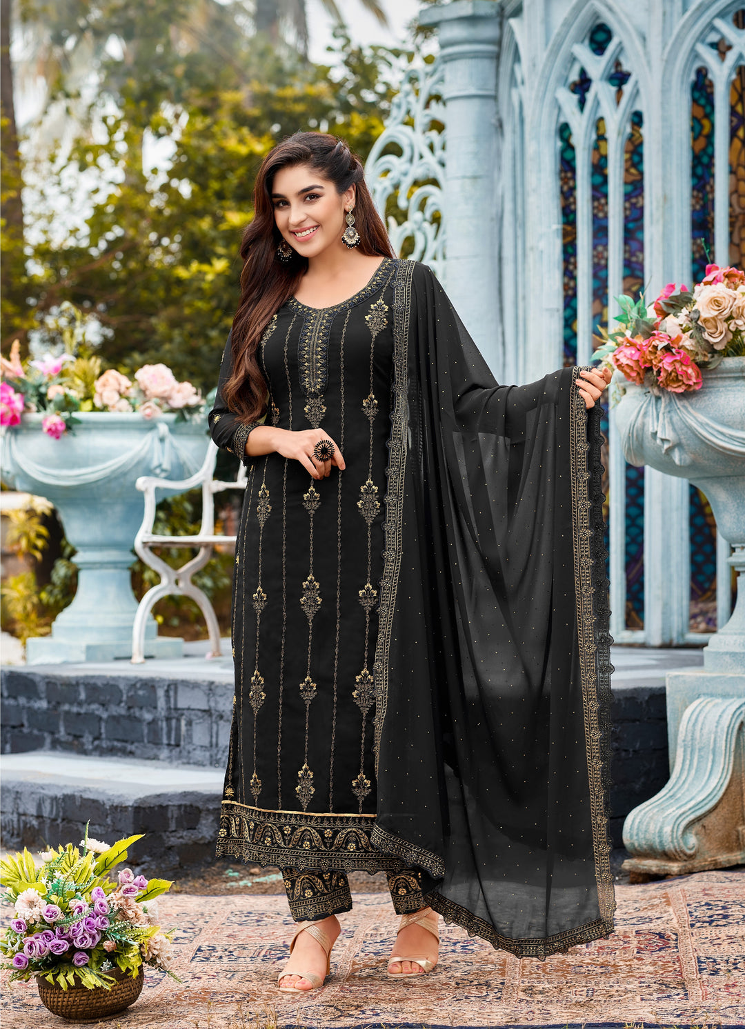 Designer Black Suit | Faux Georgette Kameez with Santoon Bottom and Embroidered Dupatta