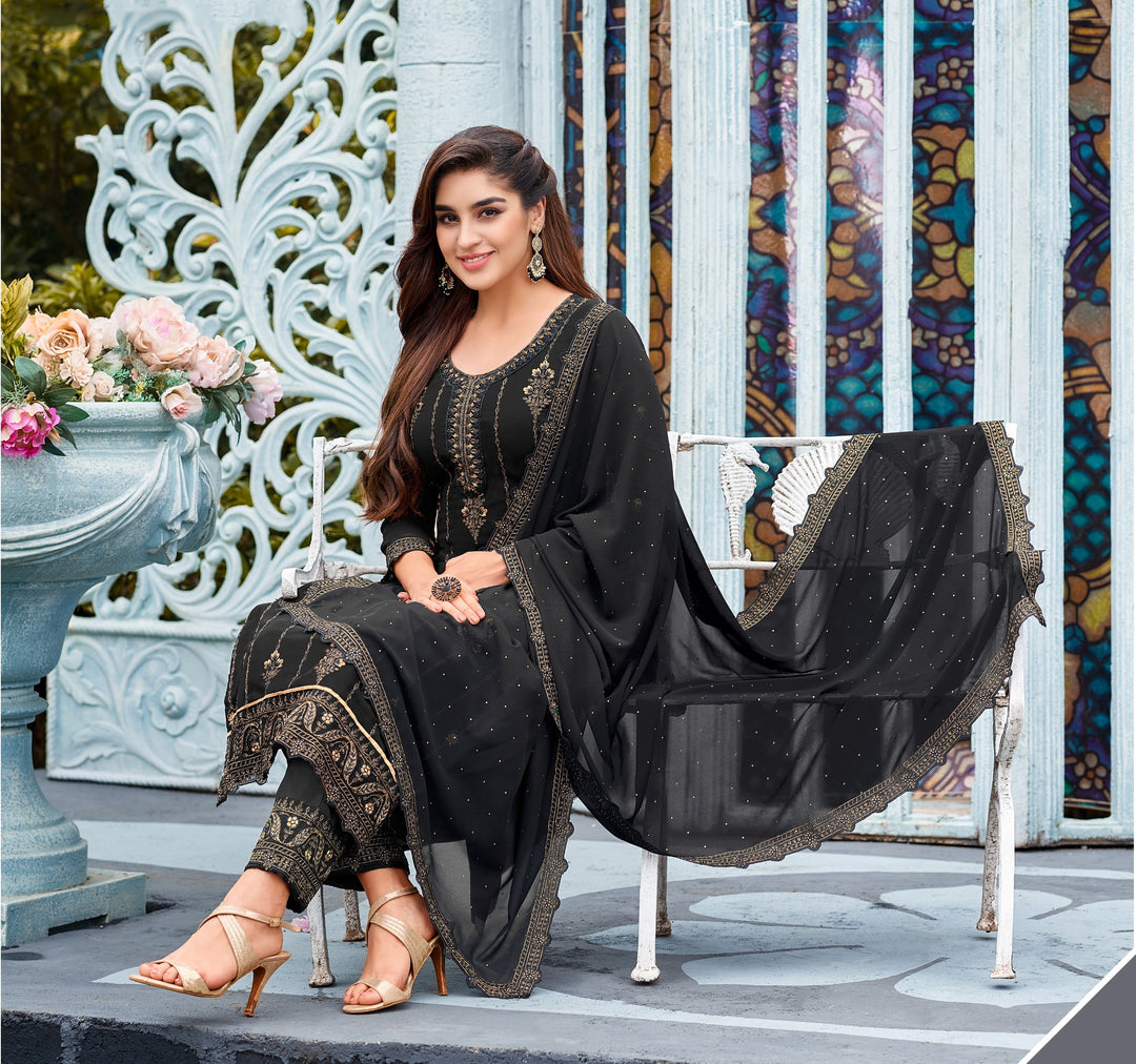 Designer Black Suit | Faux Georgette Kameez with Santoon Bottom and Embroidered Dupatta