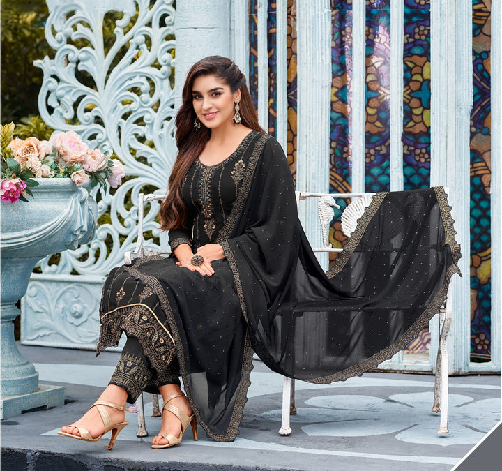 Designer Black Suit | Faux Georgette Kameez with Santoon Bottom and Embroidered Dupatta