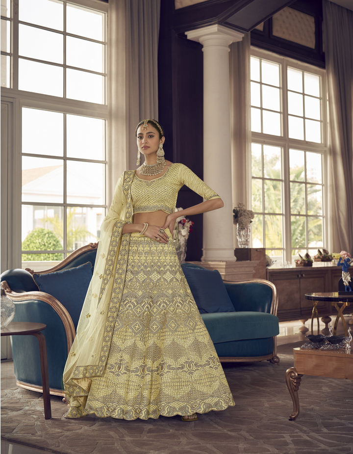 Gorgeous Lime Yellow Crepe Lehenga with Lime Yellow Dupatta | Crafted for Timeless Elegance