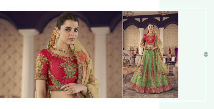 Beautiful Green Jacquard Silk Lehenga with Beige Dupatta | Crafted for Timeless Elegance