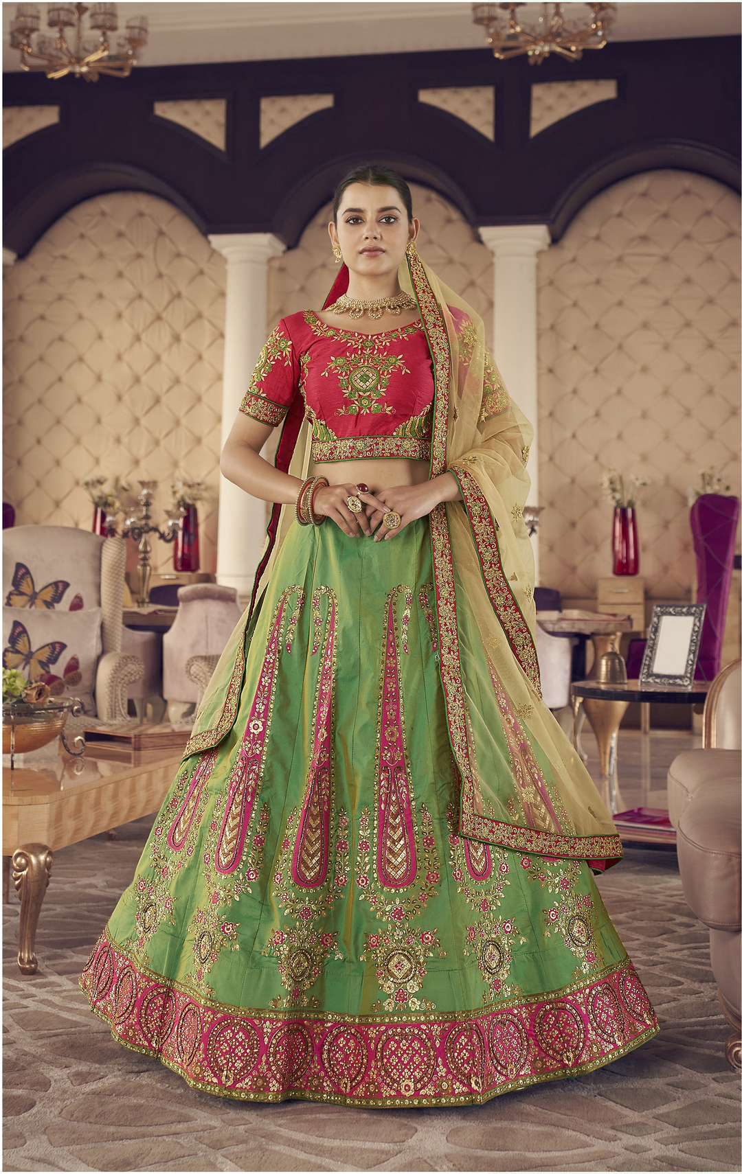 Beautiful Green Jacquard Silk Lehenga with Beige Dupatta | Crafted for Timeless Elegance