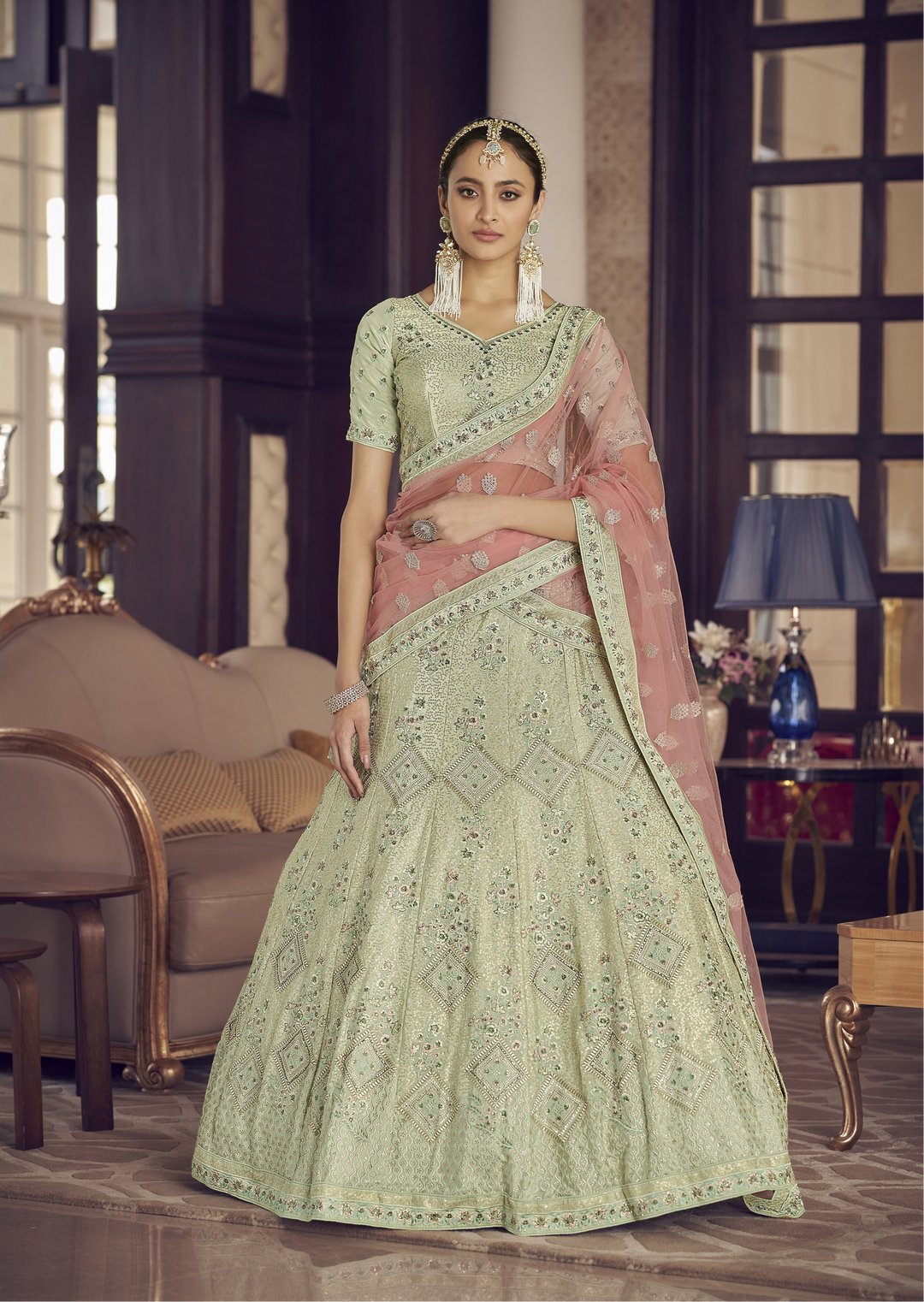 Exquisite Pista Crepe Lehenga with Peach Dupatta | Unmatched Beauty for Grand Occasions