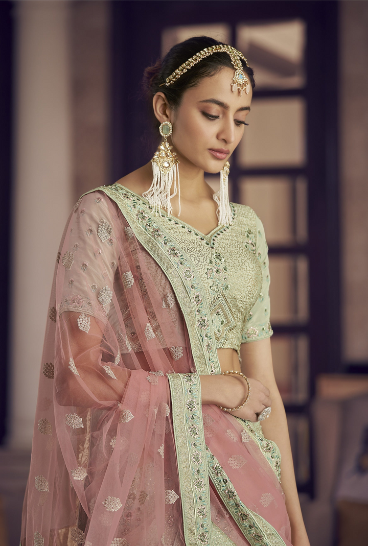 Exquisite Pista Crepe Lehenga with Peach Dupatta | Unmatched Beauty for Grand Occasions