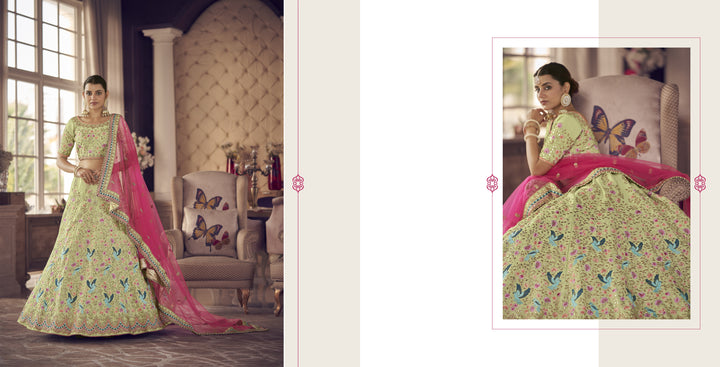 Exquisite Pista Art Silk Lehenga with Pink Dupatta | An Exclusive Designer Masterpiece