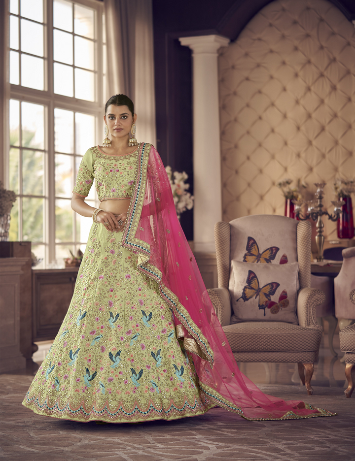 Exquisite Pista Art Silk Lehenga with Pink Dupatta | An Exclusive Designer Masterpiece