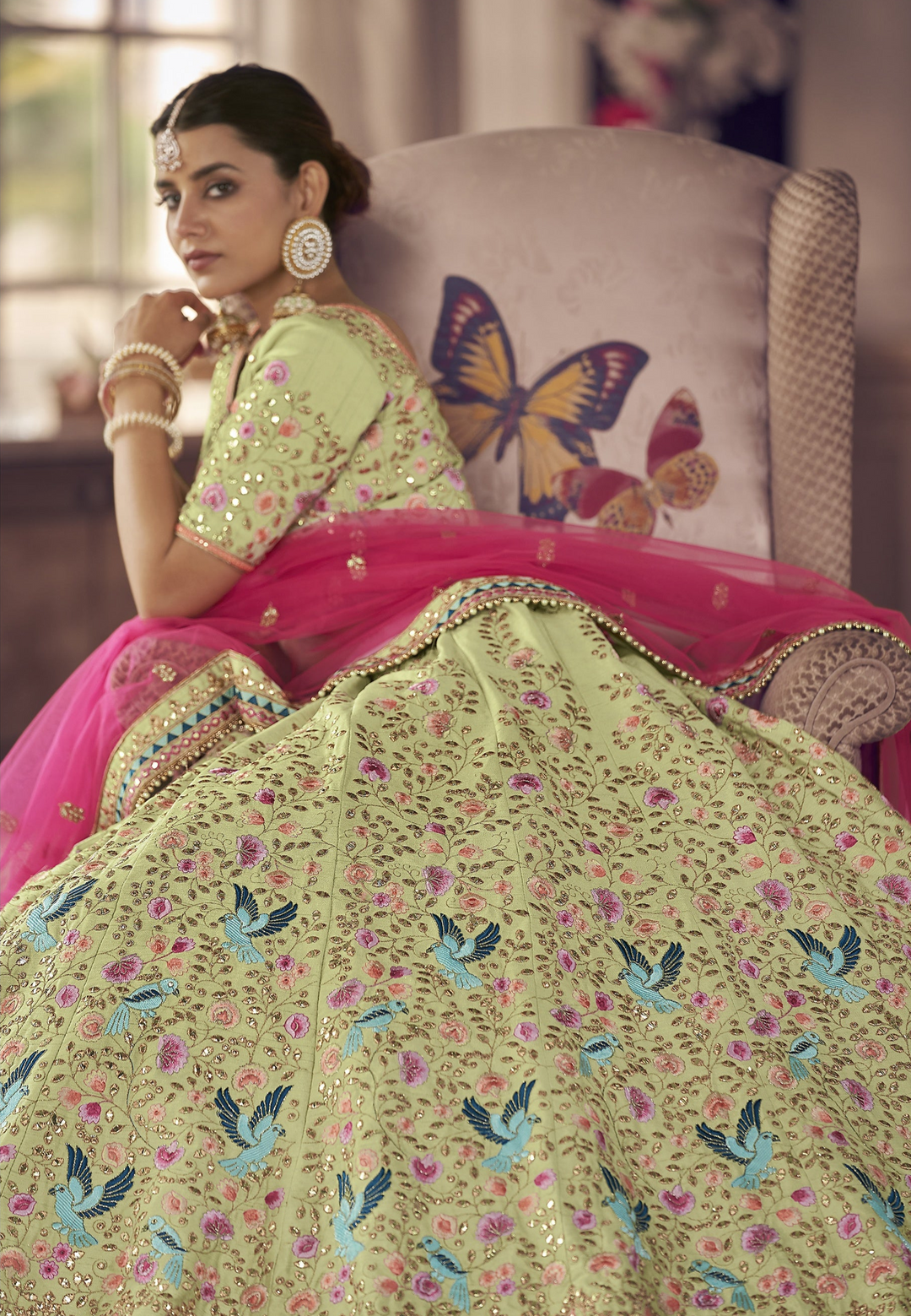 Exquisite Pista Art Silk Lehenga with Pink Dupatta | An Exclusive Designer Masterpiece