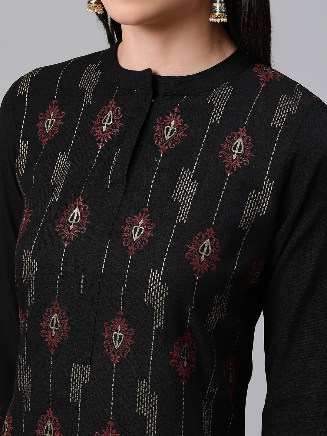 Black Rayon Kurti | Designer Foil Printed Casual Wear