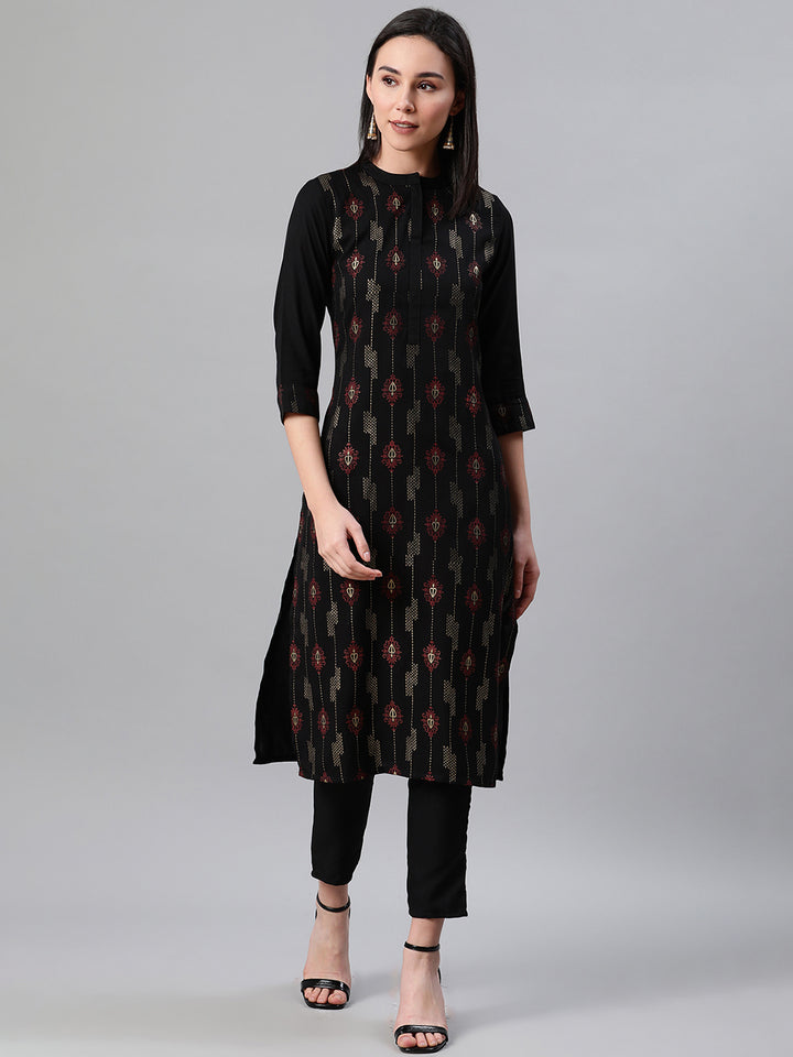 Black Rayon Kurti | Designer Foil Printed Casual Wear