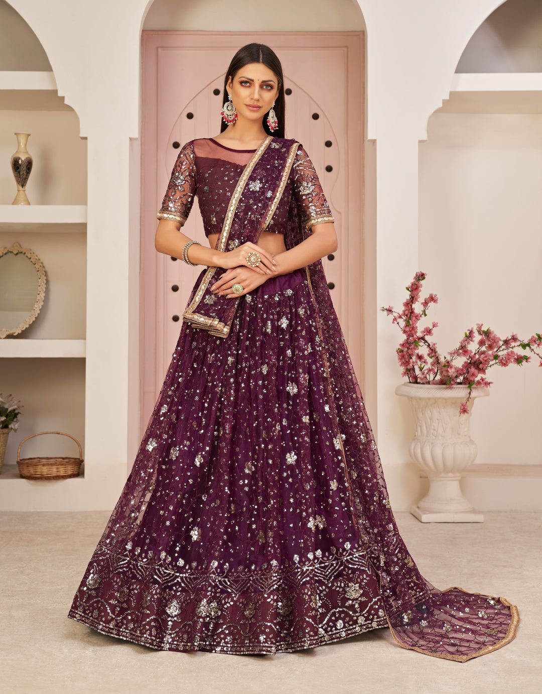 Exquisite Wine Mono Net Lehenga with Wine Dupatta | Crafted for Timeless Elegance