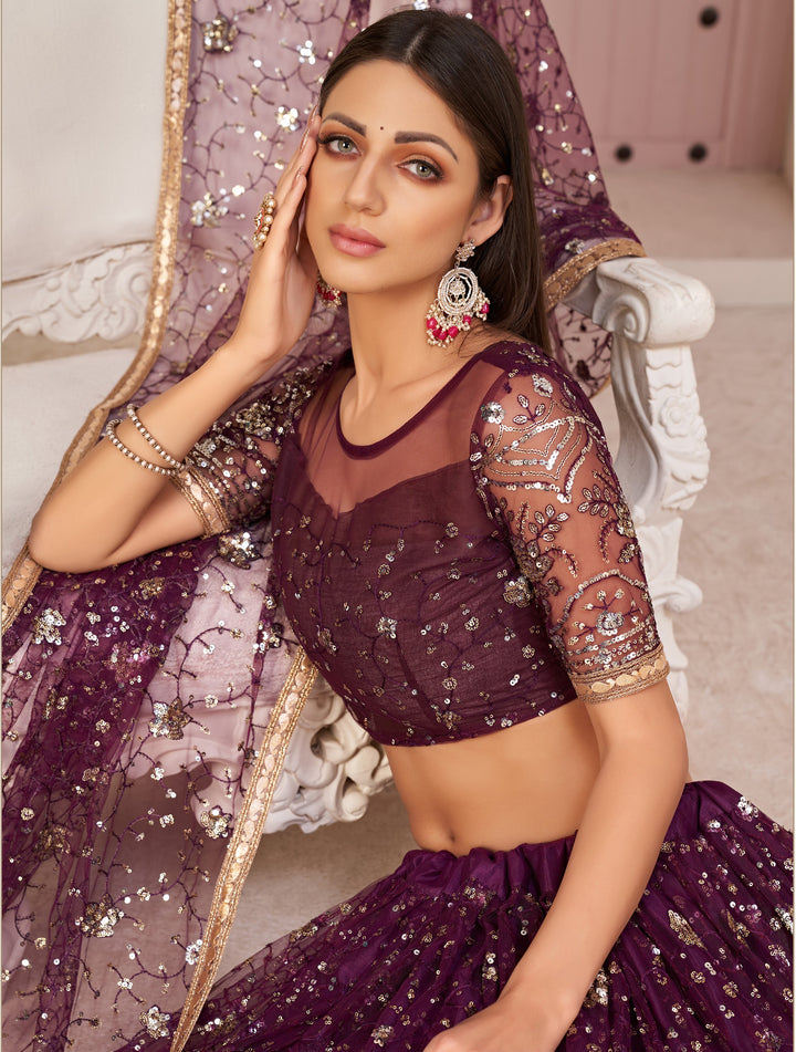 Exquisite Wine Mono Net Lehenga with Wine Dupatta | Crafted for Timeless Elegance