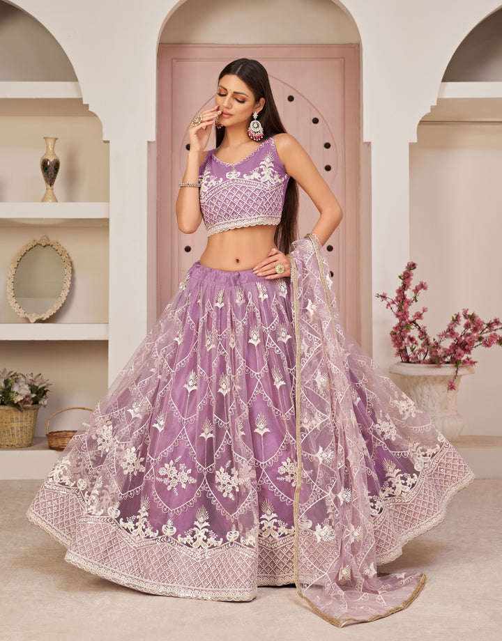 Charming Purple Mono Net Lehenga with Purple Dupatta | An Exclusive Designer Masterpiece