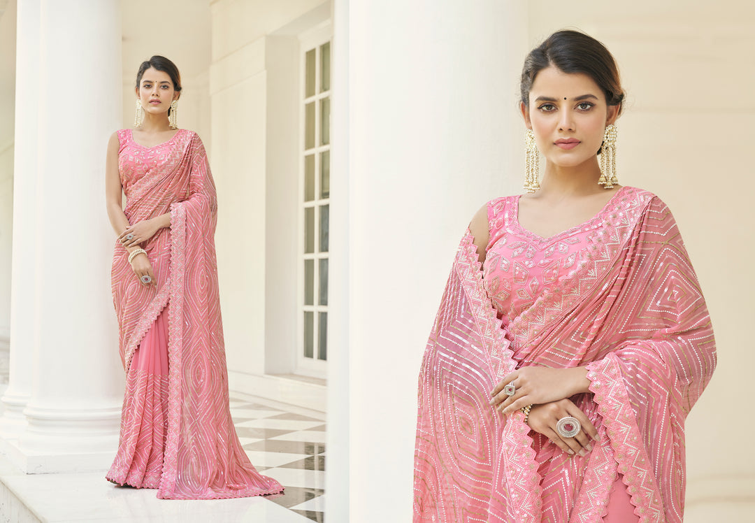 Baby Pink Georgette Saree with Matching Blouse | Exclusive Designer Masterpiece