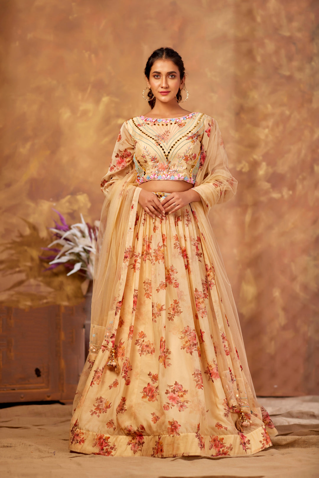 Elegant Peach Lehenga | Organza with Hand Khatli & Designer Print Work