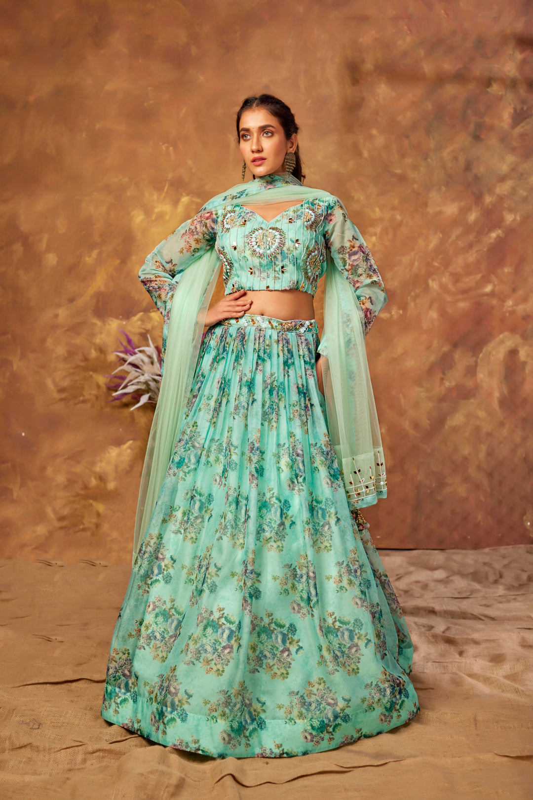 Sea Green Designer Lehenga | Organza with Hand Khatli Work & Printed Design