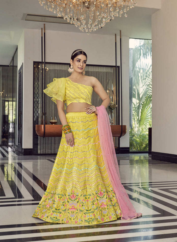 Gorgeous Yellow Art Silk Lehenga | Foil Mirror & Thread Embroidery Work