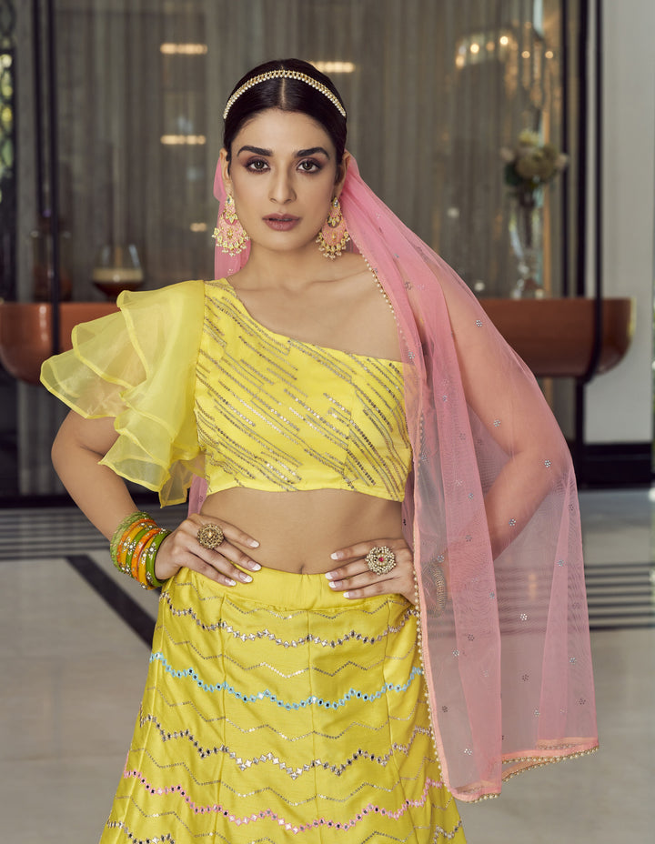 Gorgeous Yellow Art Silk Lehenga | Foil Mirror & Thread Embroidery Work