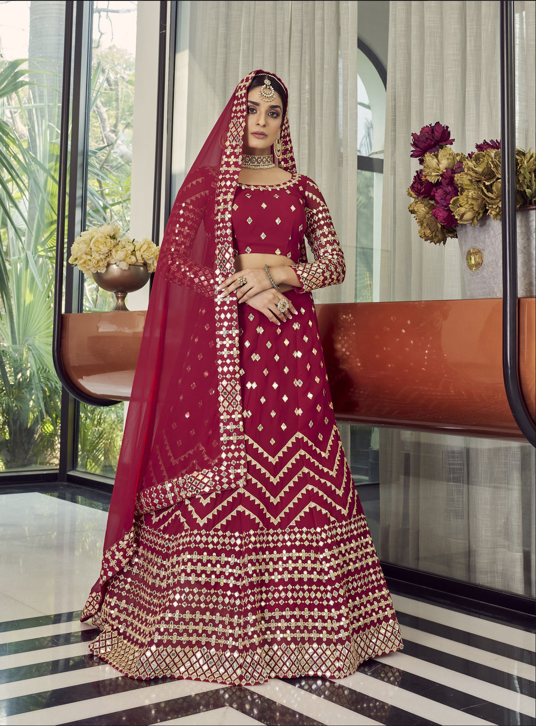 Red Designer Lehenga | Georgette with Jari Embroidery & Foil Mirror Work