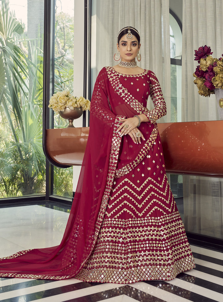 Red Designer Lehenga | Georgette with Jari Embroidery & Foil Mirror Work