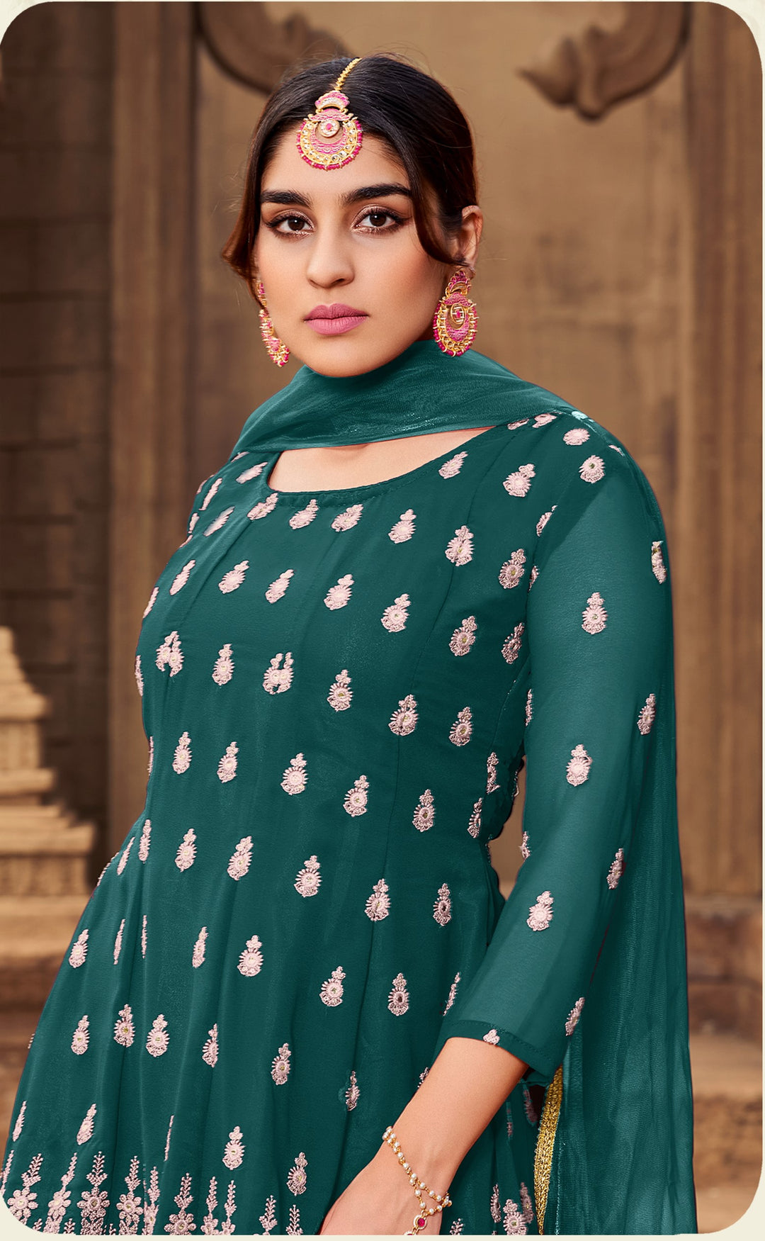 Georgette Sharara Suit | Embroidered Kameez and Dupatta with Flared Bottom