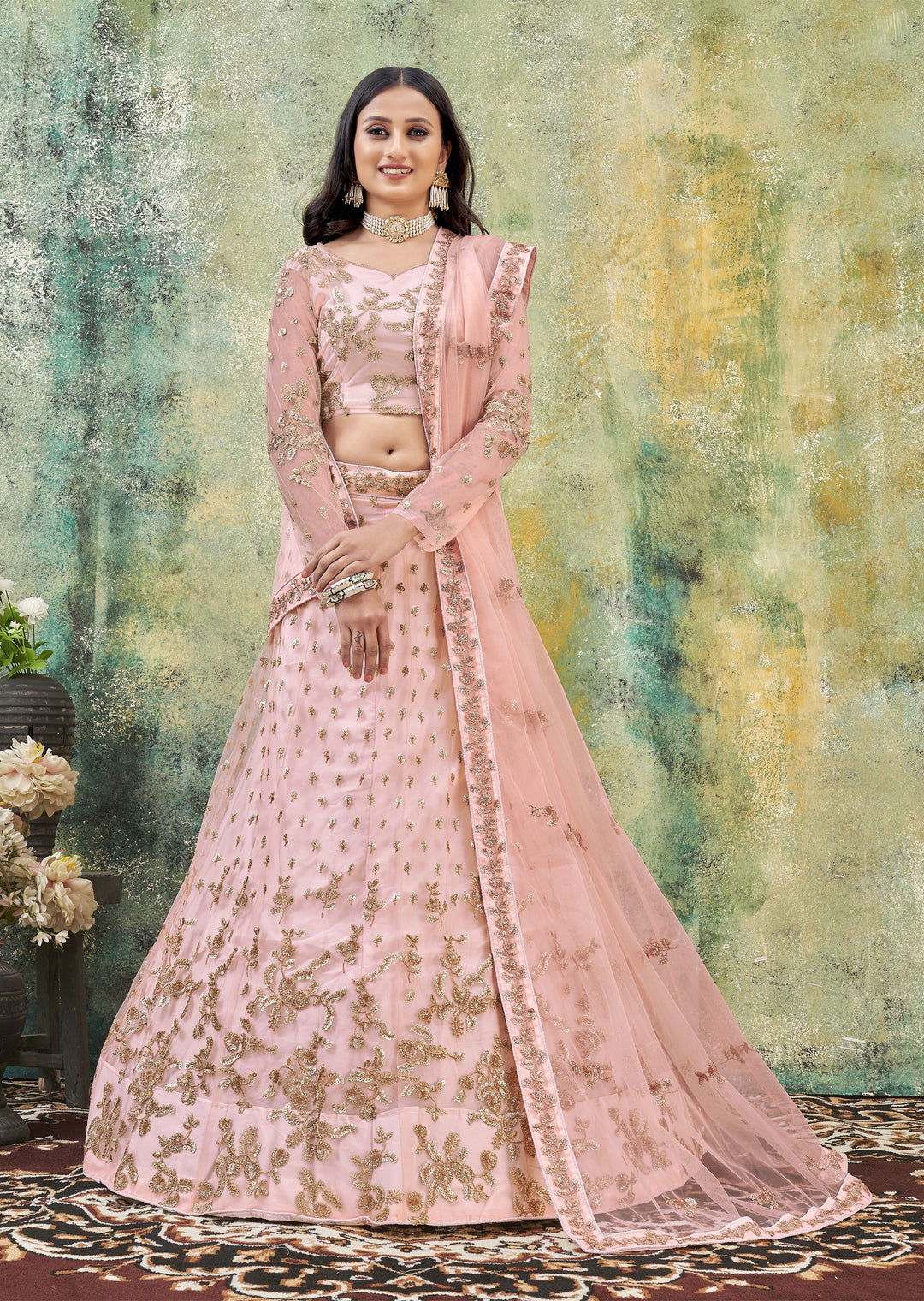 Exquisite Pink Net Lehenga Choli | Double Sequins & Jari Embroidery Work