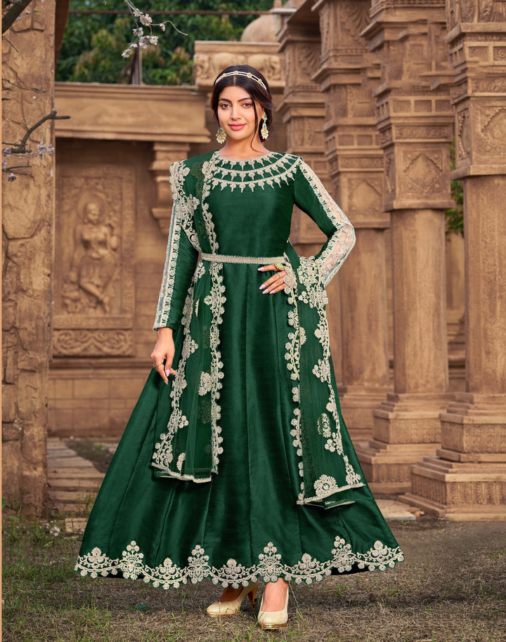 Designer Silk Anarkali Suit | Heavy Embroidery with Net Dupatta for Festive Wear