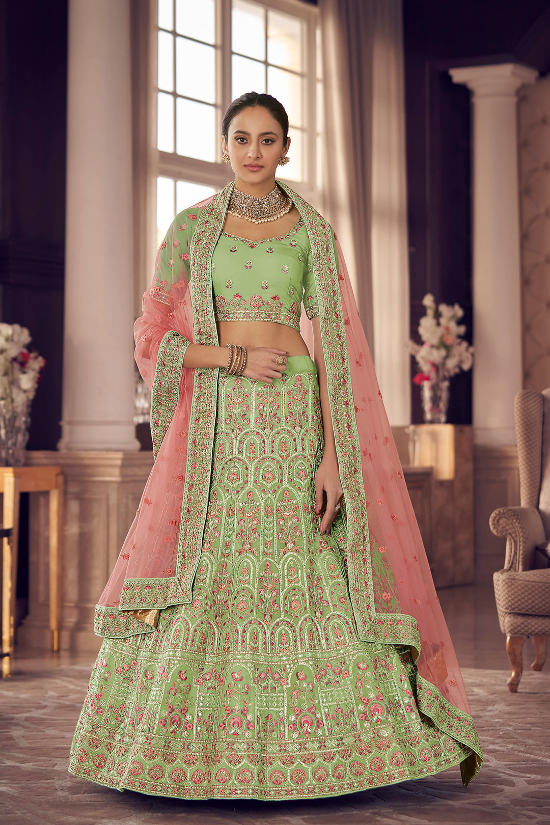 Pista Green Organza Heavy Lehenga Choli | Embroidered Bridal Wear Set