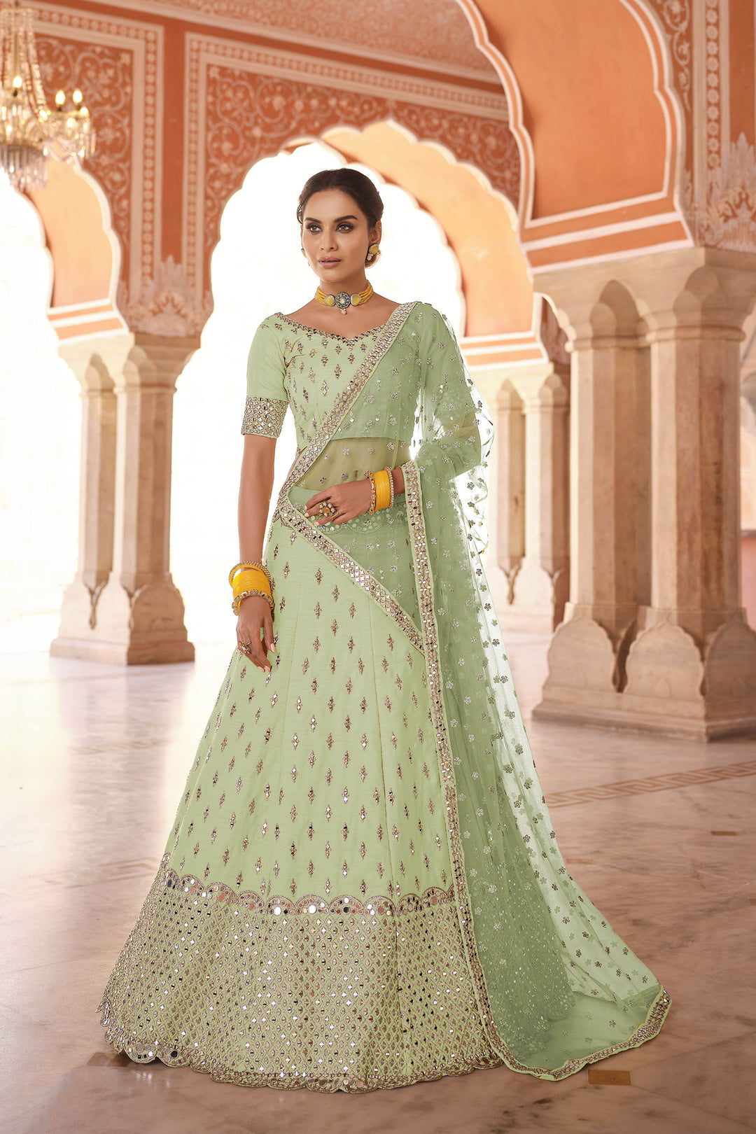 Pista Green Art Silk Lehenga Choli | Designer Mirror Work and Jari Embroidery